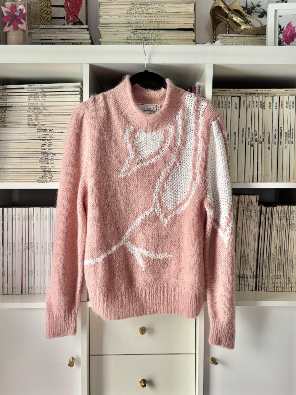 Needleworks Vintage 80s blush pink Sweater white flower knit design mohair
